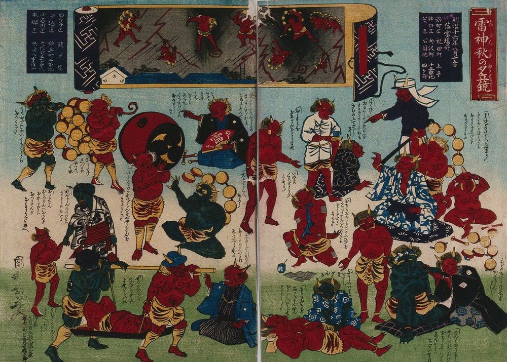 雷神就医图，Kunitoshi 绘，彩色木版，约 1883—1884 年